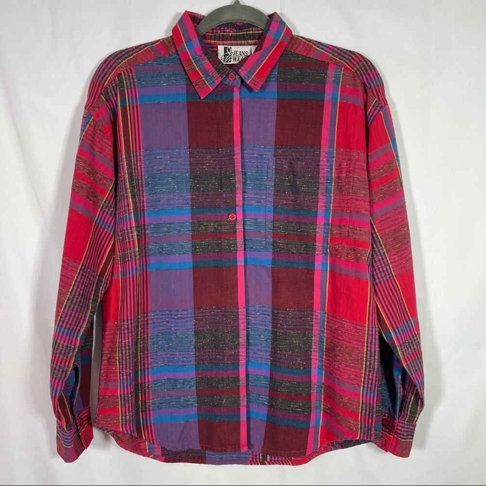 Jeans Wear, Vintage Plaid Button Down Shirt, Size Large. Hidden Buttons! - Picture 1 of 7